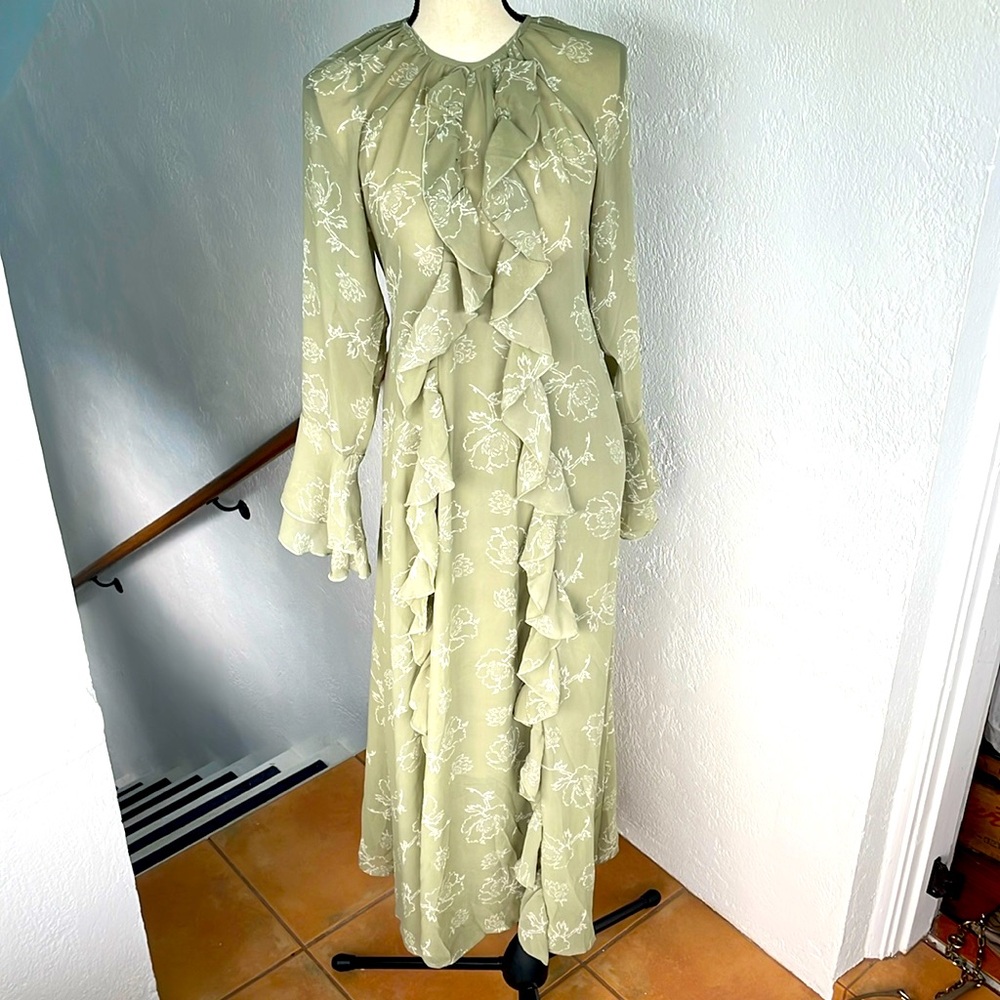 NWT The Drop Tea Time Boho Floral Ruffled Maxi Dress Sage Green XS